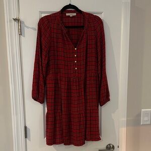 LOFT Red Plaid Tiered Dress